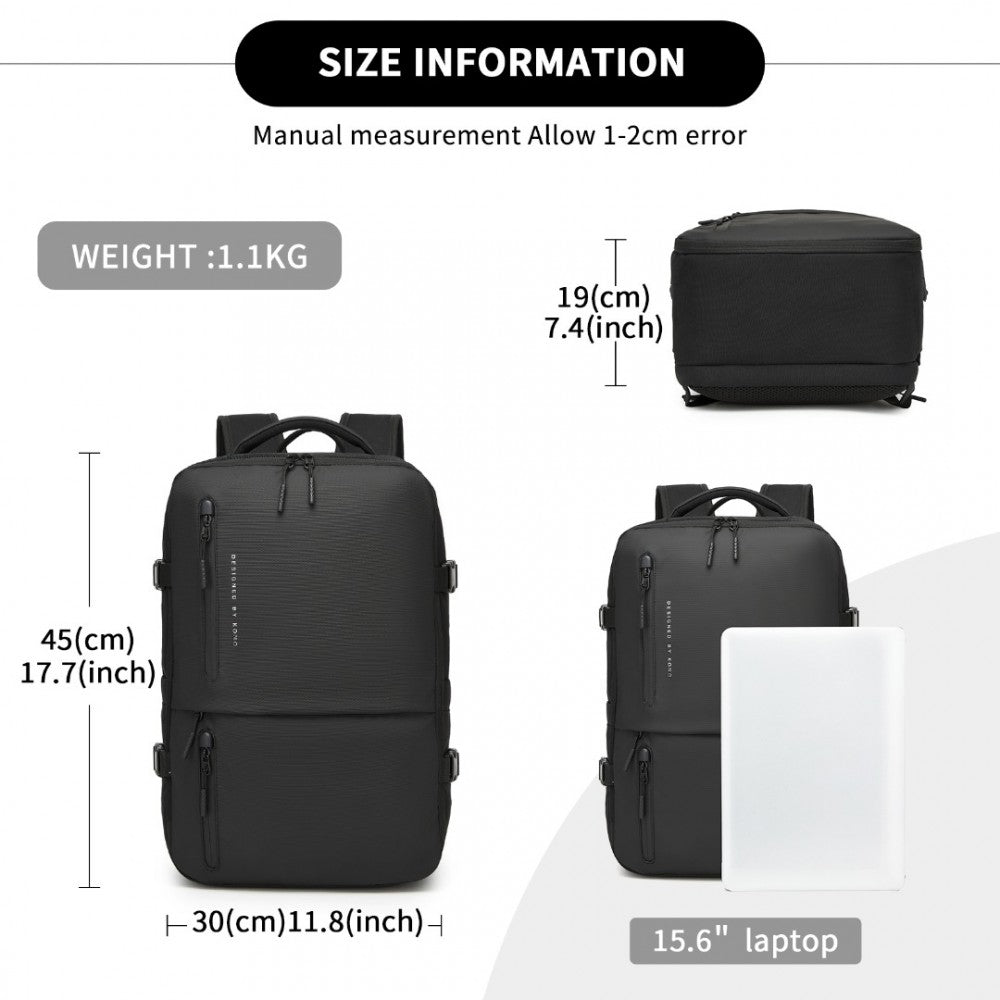 Kono Practical Carry-On Laptop Backpack - Cabin Size with USB & Type-C Charging Ports - BPK2437