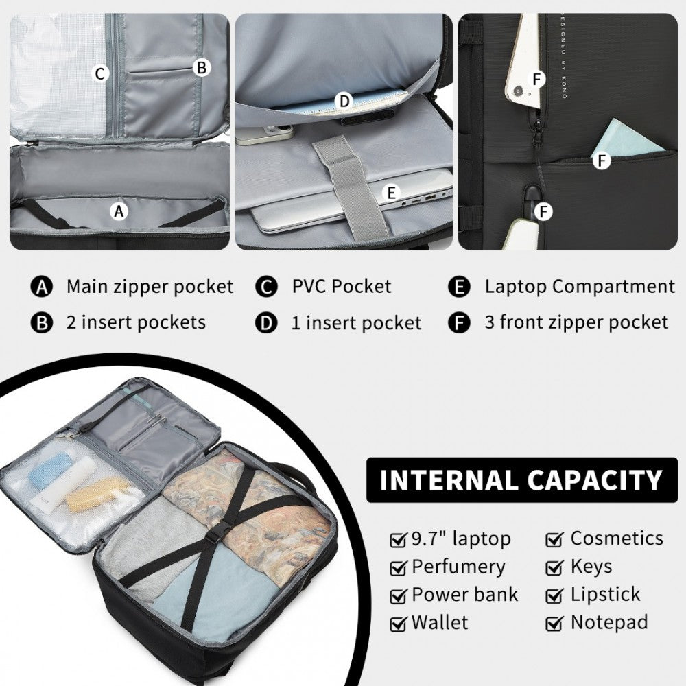 Kono Practical Carry-On Laptop Backpack - Cabin Size with USB & Type-C Charging Ports - BPK2437