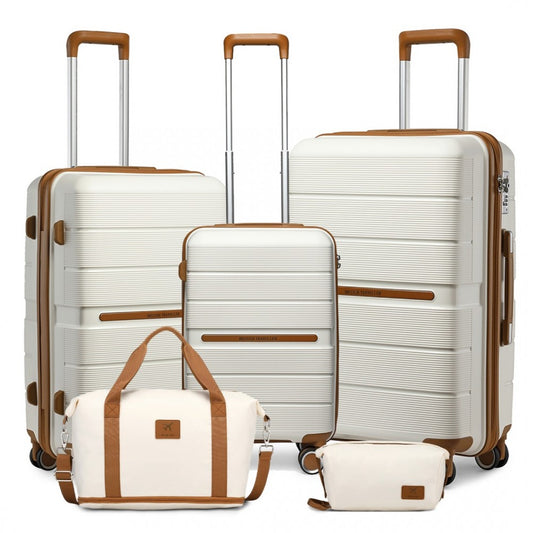 British Traveller 5-Piece Hard Shell Luggage Set – Polypropylene Suitcases with Tote & Cosmetic Pouch - K2392+S2366