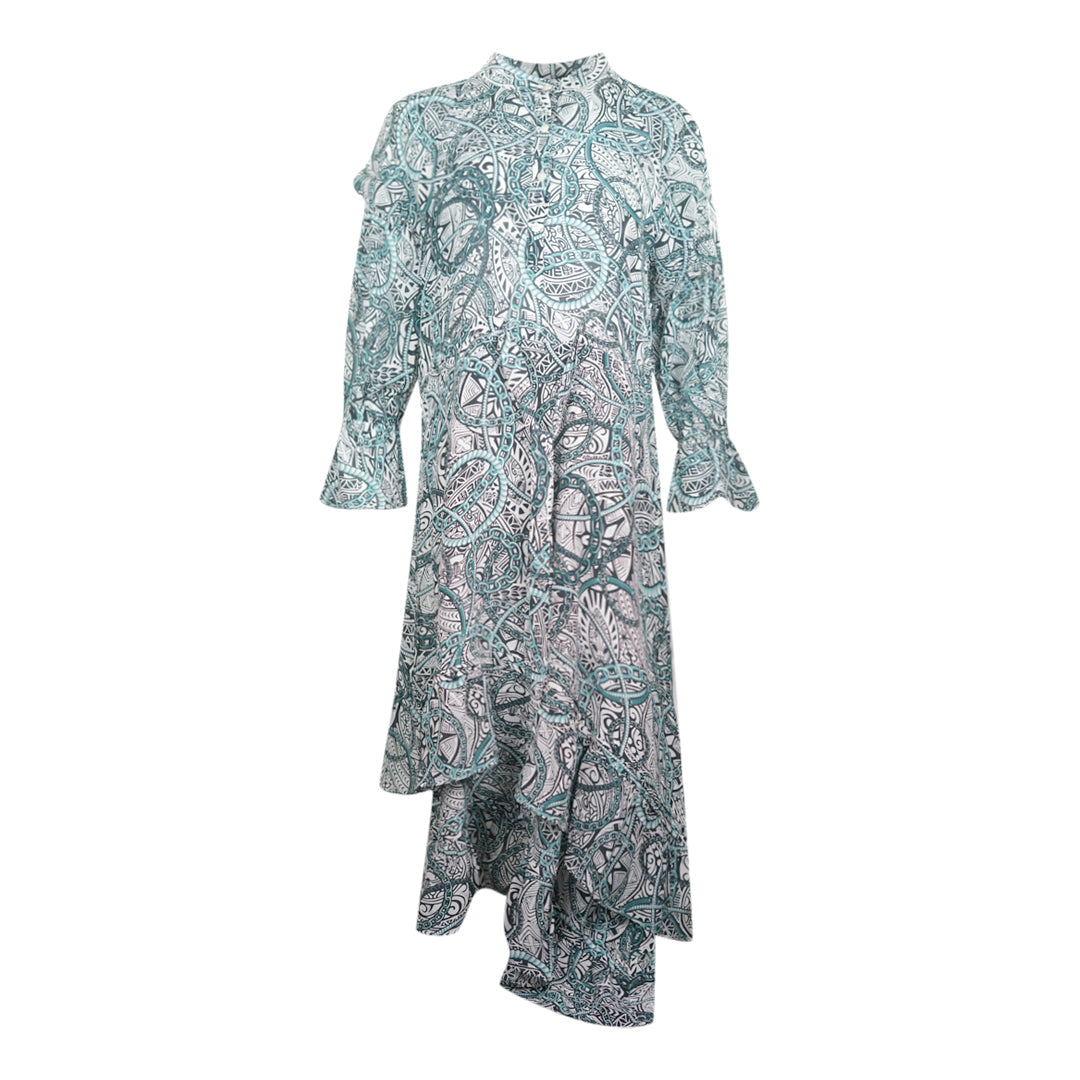 Inoa Jafari 120211 Green Long Sleeve Silk Uneven Hem Ruffle Dress Jafari 120211 Uneven Hem Dress